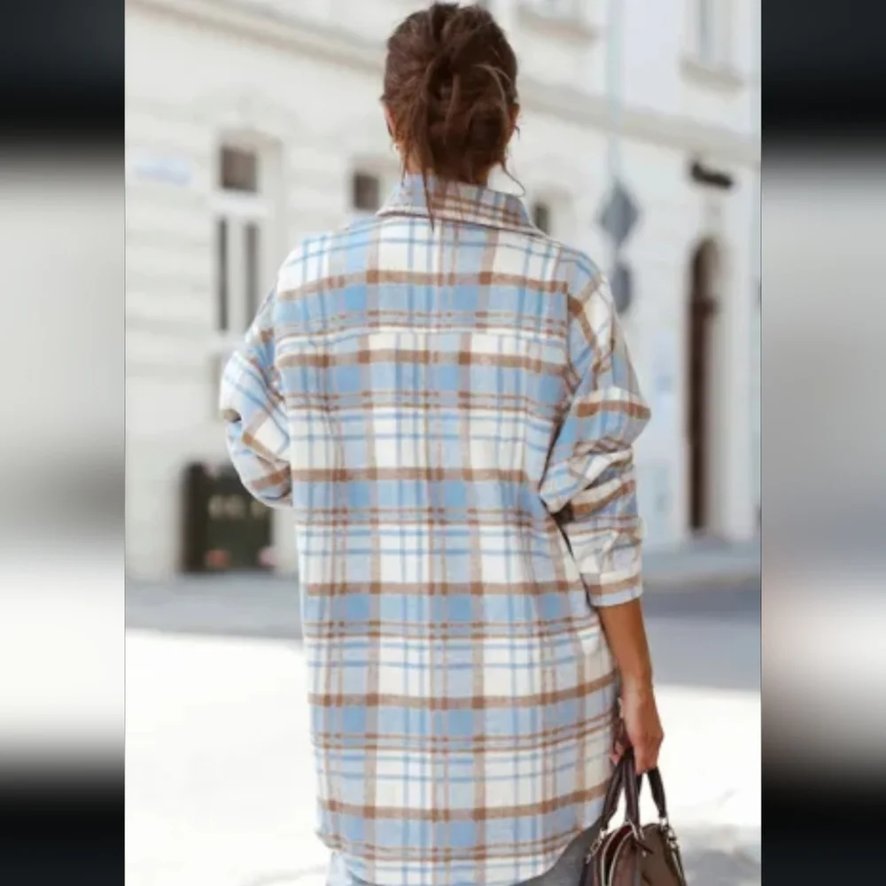 🔥New sky blue long plaid shacket - Picture 13 of 17